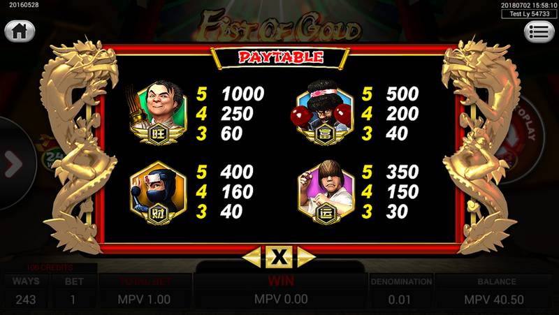 A photo of Kung Fu Slot game with bet up to 5 coins per line