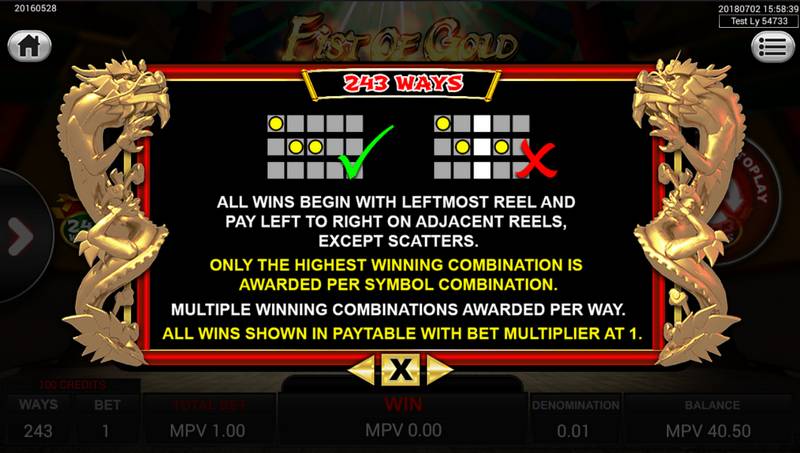 A photo of Kung Fu Slot game with bet 1.00 to 500.00 spin