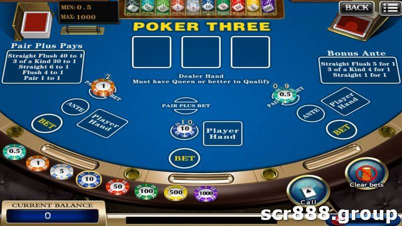 screen shot of a poker three game being played